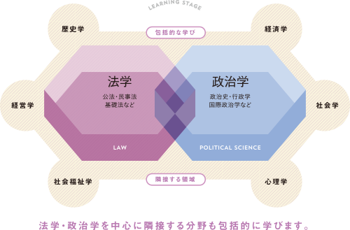 法学-公法・民事法・基礎法など、政治学-政治史・行政学・国際政治学など 法学・政治学を中心に隣接する分野も包括的に学びます。